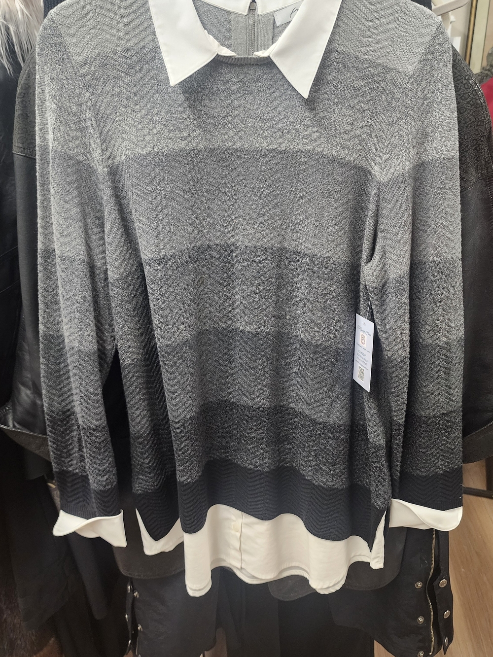 Foxcroft Gray Ombre Crewneck Sweater with White Collar/hem
